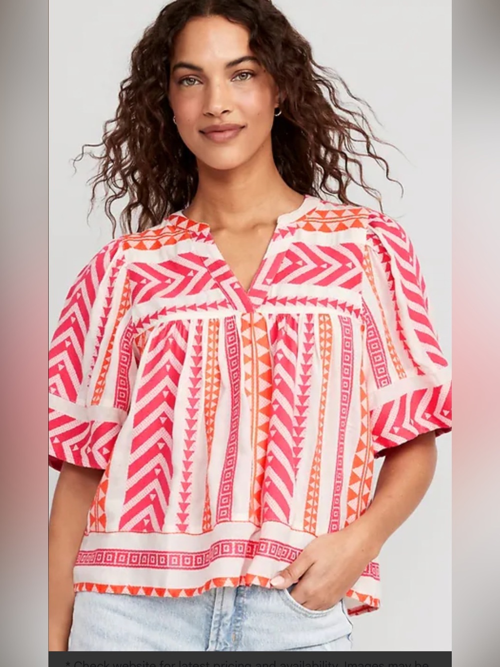 Boho Old Navy Pink & Orange Geometric V-Neck  Peasant Top Size S Tall